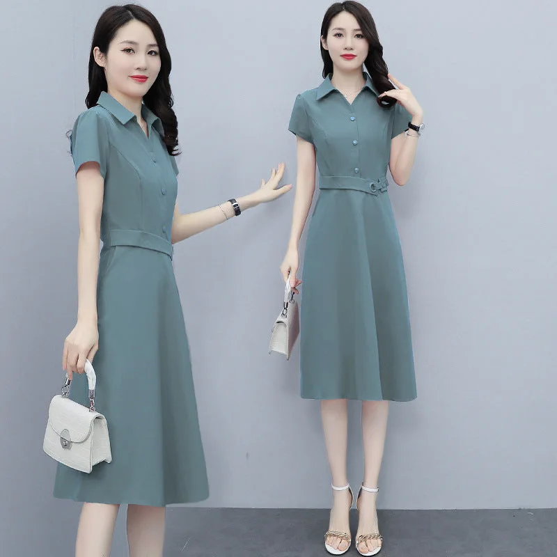 Time to Save Big!NiDELL . Summer New Women's Clothing Middle-Aged Mom Temperament Youthful-Looking Waist Slimming Solid Color Shirt Polo Collar Dress