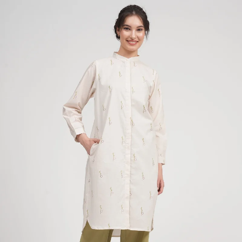 Unbeatable Prices!Organic Cotton Long Shirt for Women | Cream | Block Print