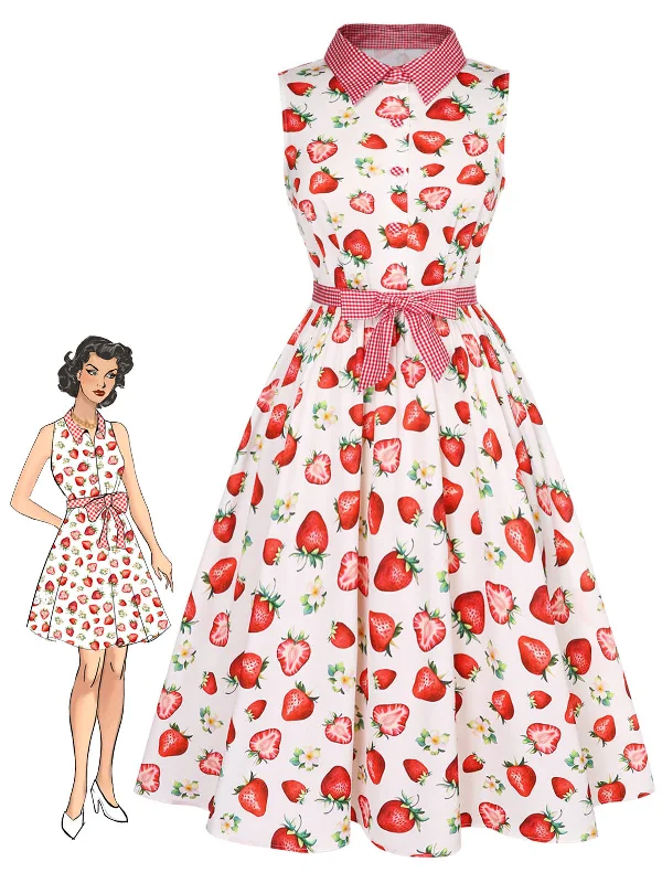 Unlock Huge Savings Now!Pink 1940s Strawberry Plaid Shirt Collar Dress