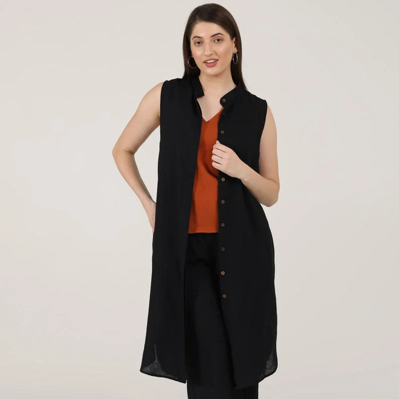 Price Drops You’ll Love!Linen Black Long Tunic Shirt | Sleeveless