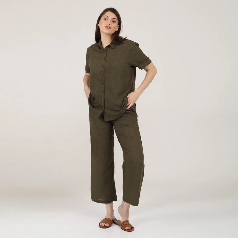 Stock Up and Save!Linen Co-Ords Set for Women | Olive Green | Shirt & Pant Set