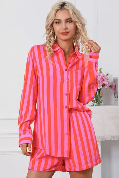 Best Offers of the Month!Striped Pocketed Button Up Shirt and Shorts Set