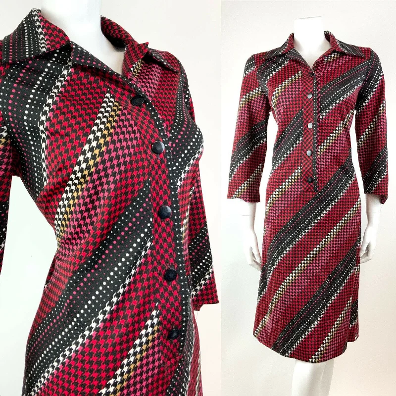 Get Ready to Save!VINTAGE 60s 70s BLACK RED PINK WHITE GEOMETRIC HOUNDSTOOTH DAGGER SHIRT 14 16 Get Ready to Save!VINTAGE 60s 70s BLACK RED PINK WHITE GEOMETRIC HOUNDSTOOTH DAGGER SHIRT 14 16