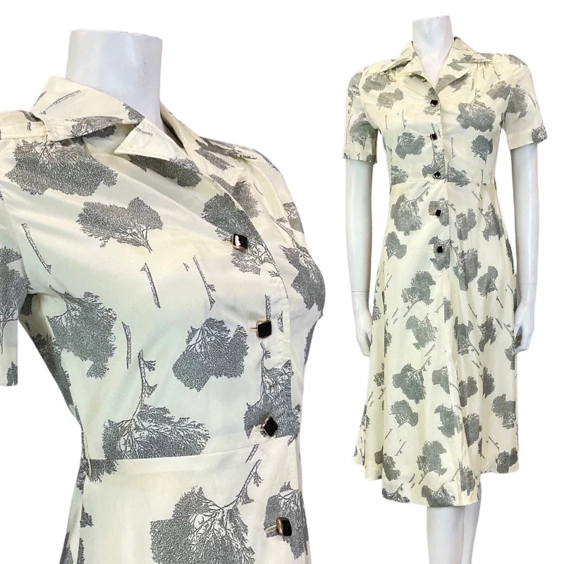 Price Drops You’ll Love!VINTAGE 60s 70s CREAM BLACK TREE LEAFY REVERE COLLAR SHIRT SWING DRESS 8 Price Drops You’ll Love!VINTAGE 60s 70s CREAM BLACK TREE LEAFY REVERE COLLAR SHIRT SWING DRESS 8