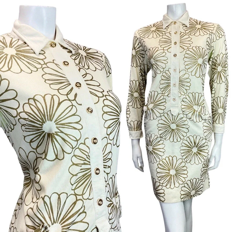 Your Discount is Waiting!VINTAGE 60s 70s CREAM GOLD FLORAL MOD SHIRT SCOOTER DRESS 10 12 Your Discount is Waiting!VINTAGE 60s 70s CREAM GOLD FLORAL MOD SHIRT SCOOTER DRESS 10 12