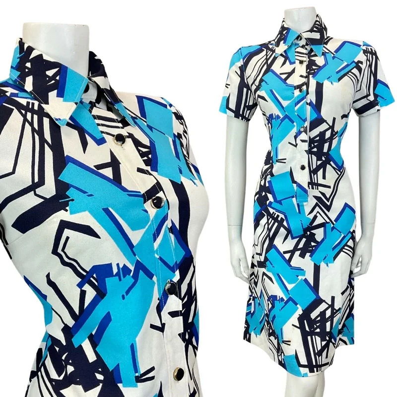 Savings You Can’t Ignore!VINTAGE 60s 70s WHITE BLUE NAVY GEOMETRIC MOD DAGGER SHIRT DRES 10 12 Savings You Can’t Ignore!VINTAGE 60s 70s WHITE BLUE NAVY GEOMETRIC MOD DAGGER SHIRT DRES 10 12