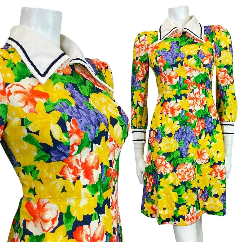 Limited-Time Price Drop!VINTAGE 60s 70s YELLOW BLUE RED FLORAL ROSE DAGGER SHIRT SWING DRESS 6 8 Limited-Time Price Drop!VINTAGE 60s 70s YELLOW BLUE RED FLORAL ROSE DAGGER SHIRT SWING DRESS 6 8