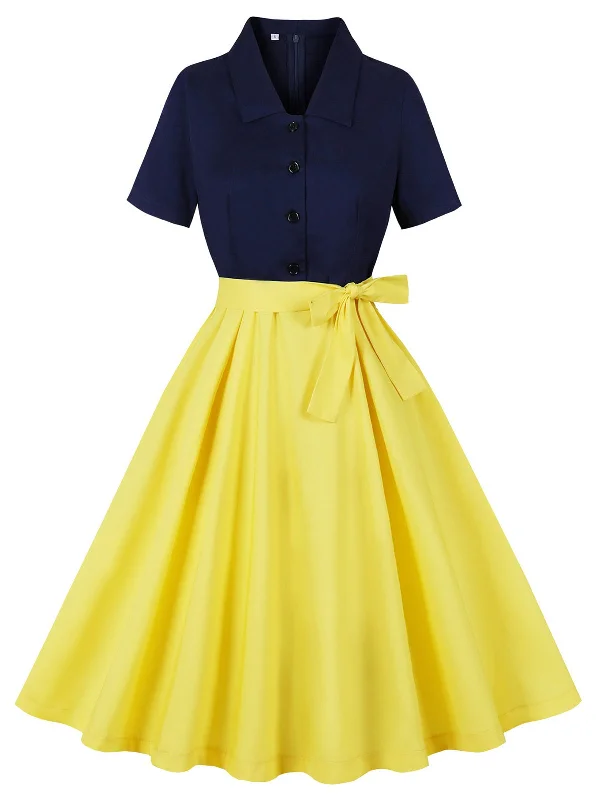 Special Offer – Act Fast!Yellow 1950s Patchwork Shirt Collar Swing Dress