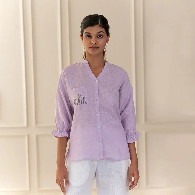 Get Ready to Save!Linen Shirt For Women | Hand Embroidery | High-Low Hem | Lilac