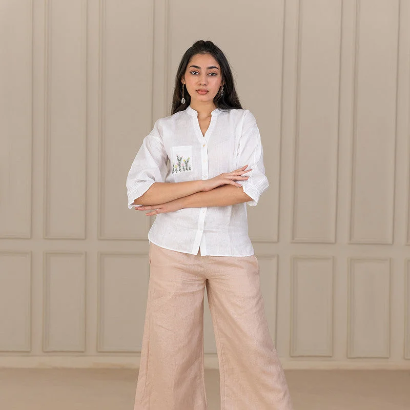 Every Deal is a Steal!Linen Shirt For Women | Hand Embroidery | High-Low Hem | White Every Deal is a Steal!Linen Shirt For Women | Hand Embroidery | High-Low Hem | White