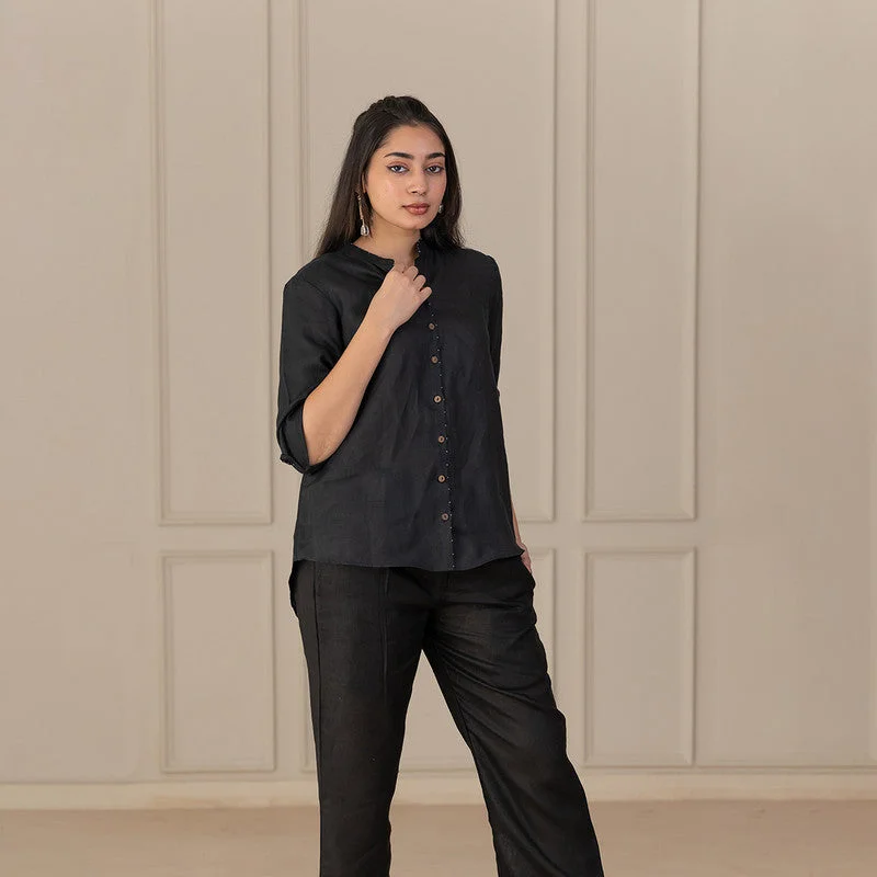 The Best Sale of the Year!Women Shirt | Linen Shirt | Mandarin Collar | Black