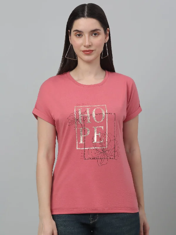 Instant Savings Await!Women's Casual Extended Sleeve Dark Pink Round neck Typographic Print T-Shirt