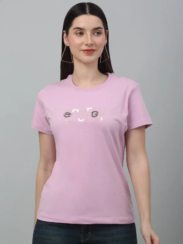 Huge Price Cuts Await!Women's Casual Regular Short Sleeve Lilac Round neck Bead work & Print T-Shirt