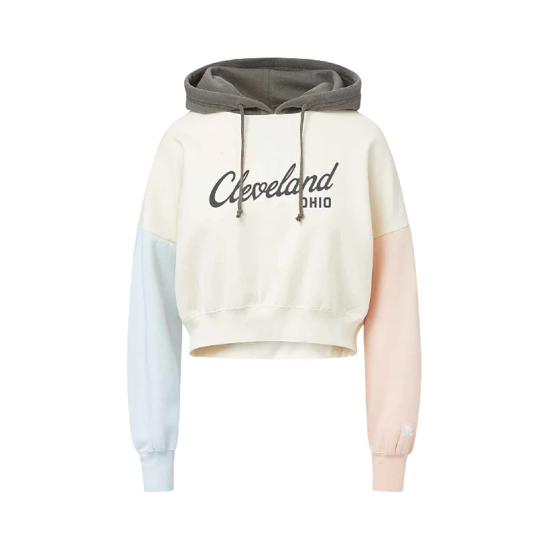 Save More Than Ever!Cleveland Heart Script - Color Block Womens Pullover Cropped Hoodie