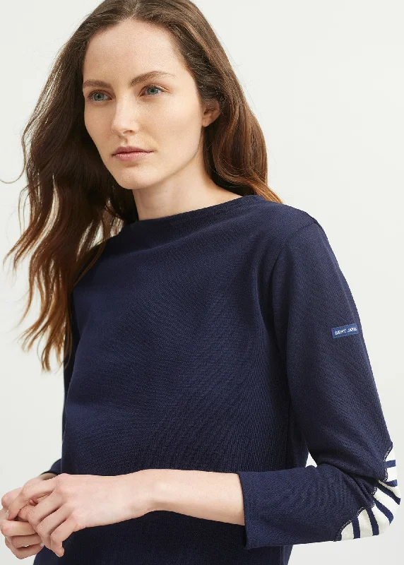 Massive Price Cuts!Guildo boat neck sailor shirt - striped elbow patches, in thick cotton (NAVY)