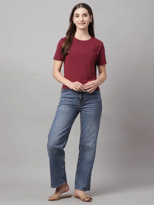 Save Up to 50% Off!Women's Red Cotton Elastane Regular Fit Tshirt