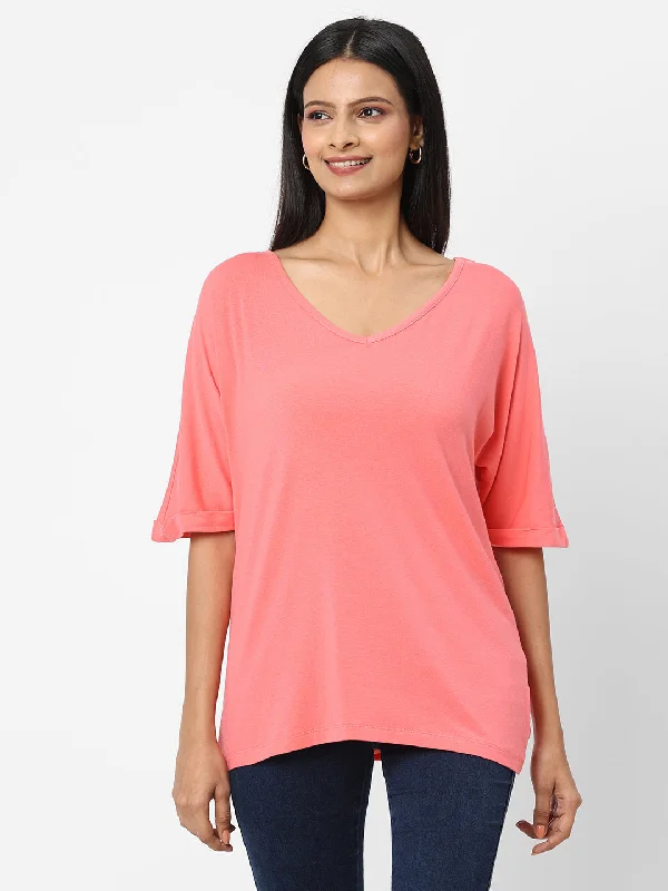 Crazy Discounts Inside!Womens Pink Cotton Bamboo Elastane Loose Fit Tshirt