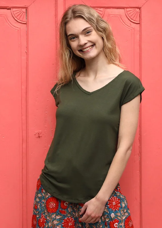 Lowest Prices Guaranteed!Simple Top V-neck Olive