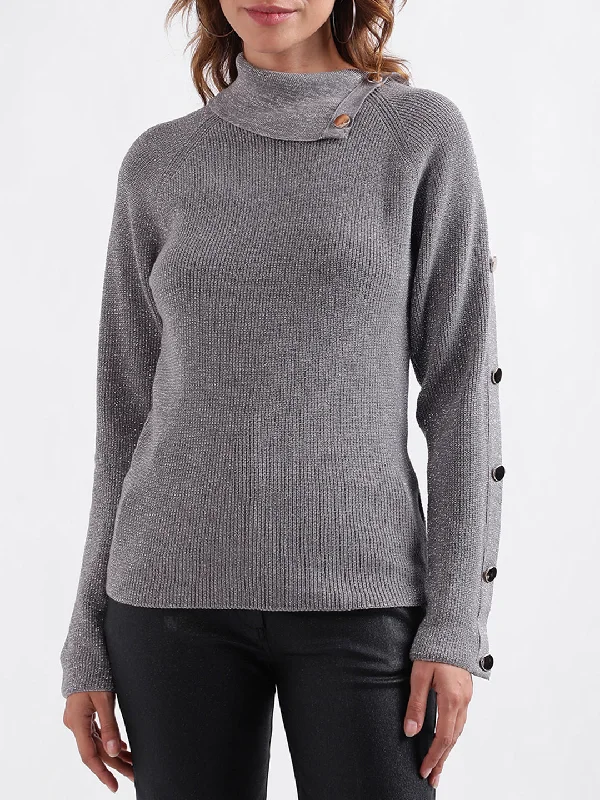Save More When You Shop More!Centre Stage Women Solid Full Sleeves Split Neck Sweater