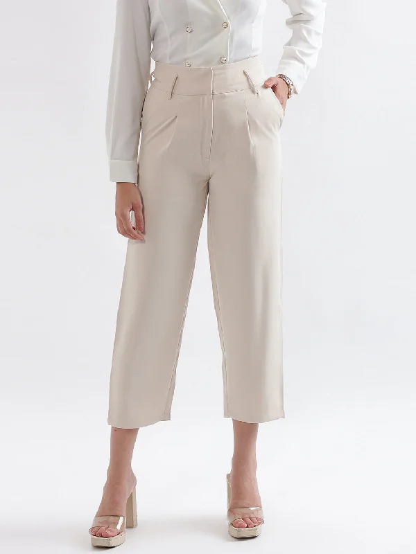 Save Like Never Before!Centre Stage Women Cream Solid Straight Fit Trouser