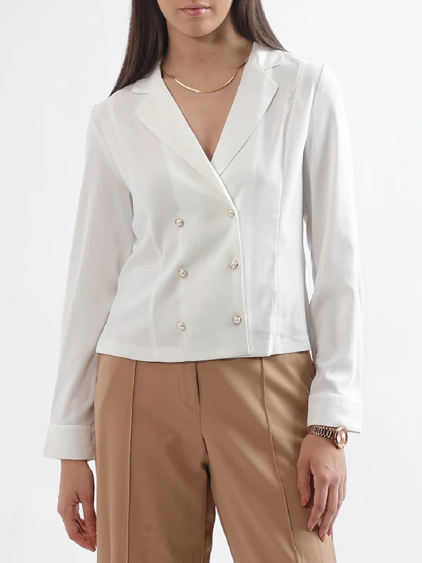 Get the Best for Less!Centre Stage Women Cream Solid Collar Top