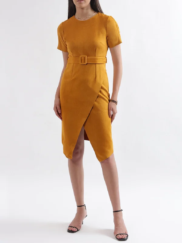 Amazing Prices You Can’t Resist!Centre Stage Women Yellow Solid Round Neck Dress