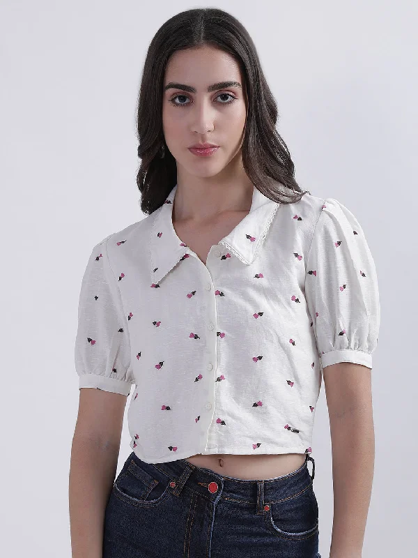 Hot Deals You Can’t Resist!Elle Women Printed Spread Collar Half Sleeves Top