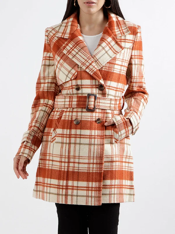 Must-Have Deals Inside!Elle Women Checked Full Sleeves Notched Lapel Overcoat