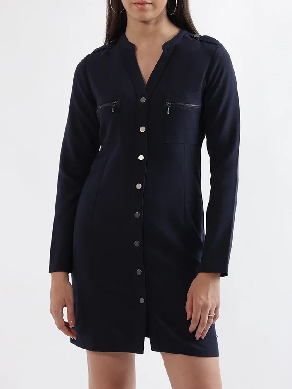 Instant Savings Await!Elle Women Blue Solid Band Collar Dress