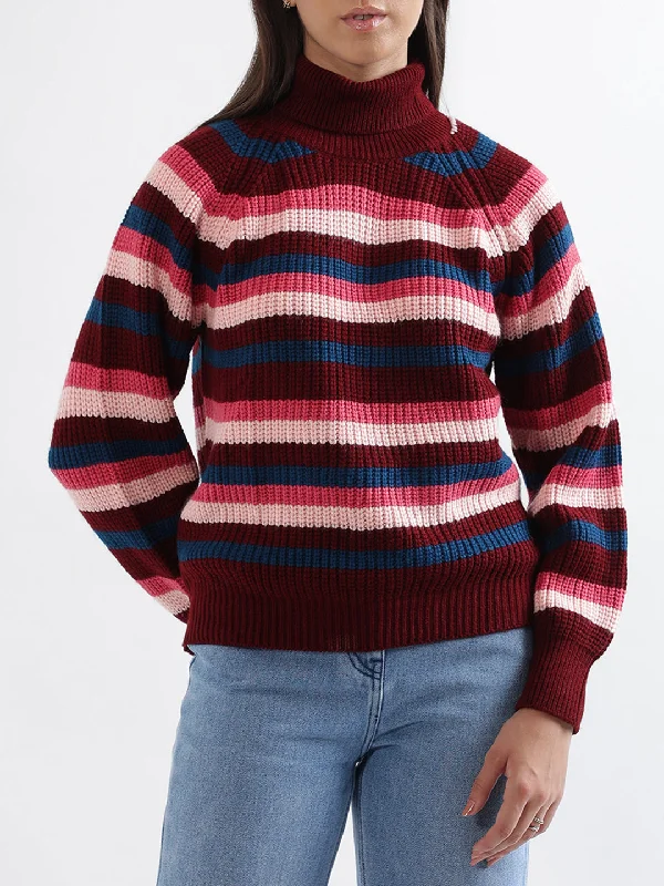 Incredible Savings Inside!Elle Women Multi Striped Turtle Neck Sweater