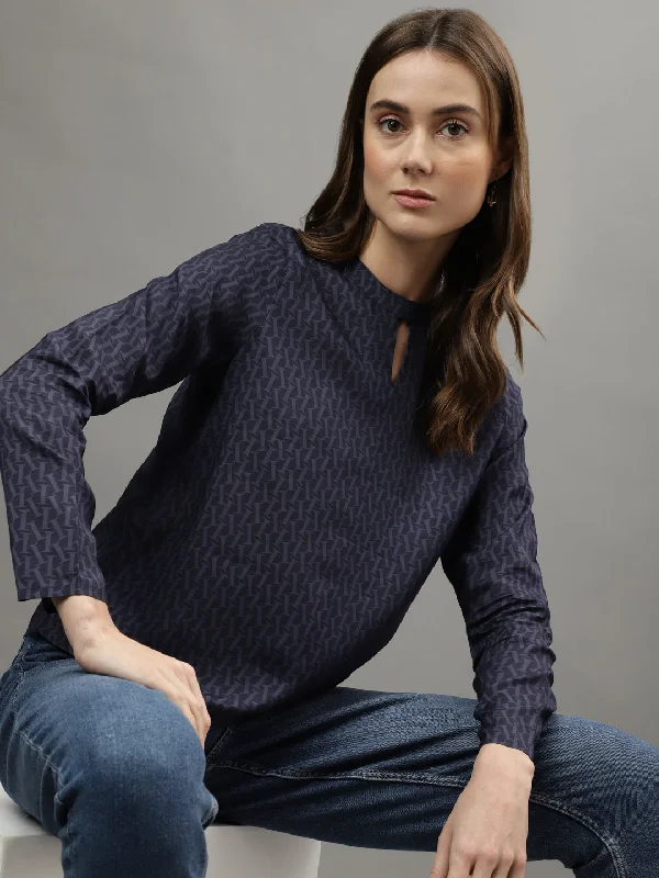 Limited-Time Price Drop!Iconic Women Navy Blue Printed Band Collar Top